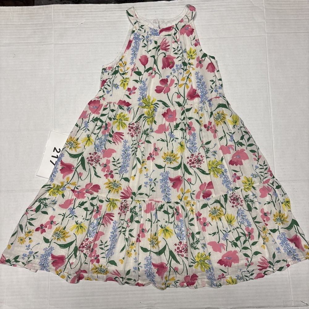 Old Navy Girls 5T Floral Print Dress Sleeveless Tiered Cotton Blend Pink Blue